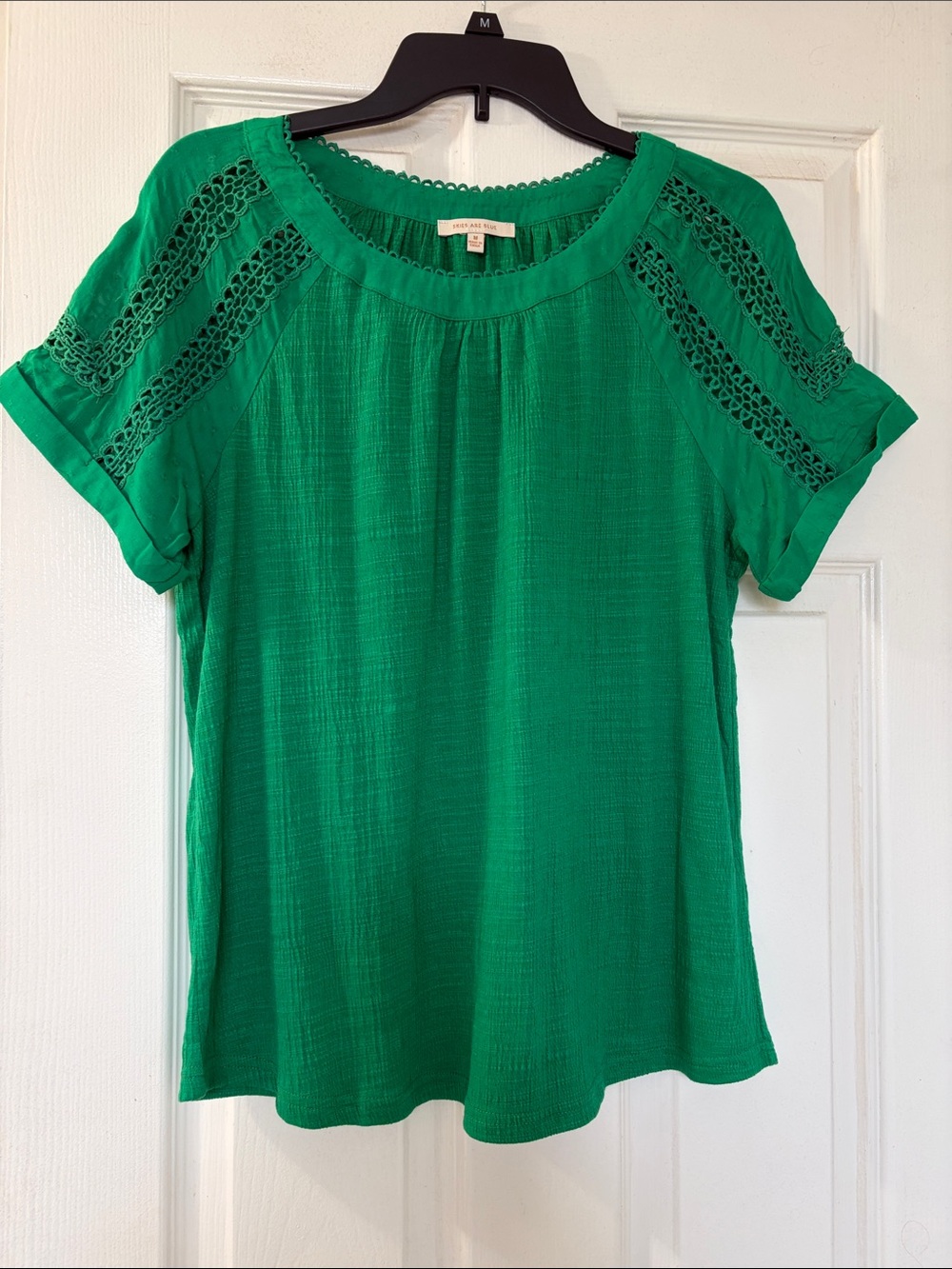 Skies Are Blue Green Short Sleeve Top with Crochet Detail